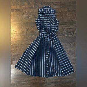 Tommy Hilfiger Navy and White Striped Sleeveless Midi Dress